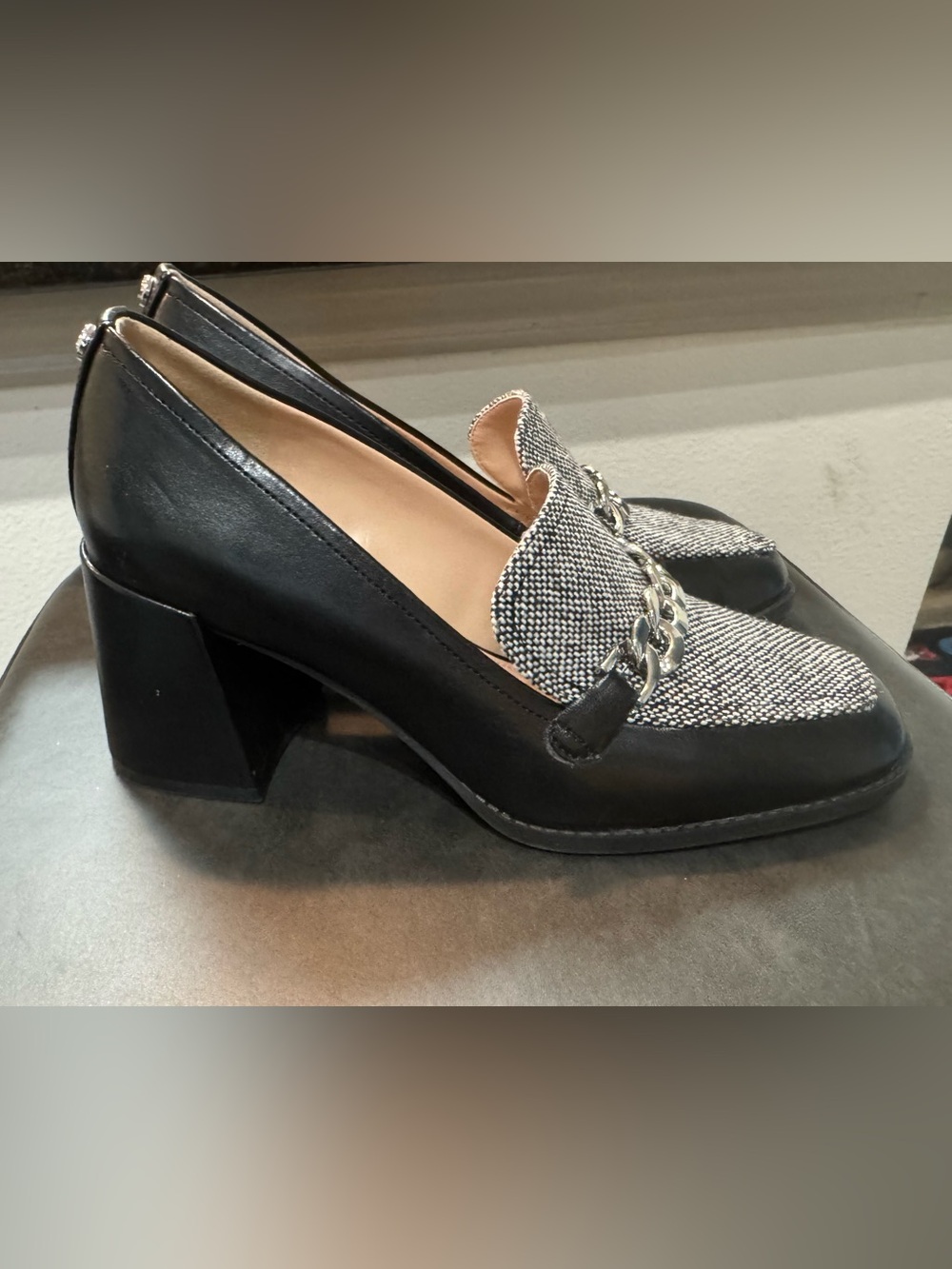 Kelly & Katie Black and White Chain-Trim Loafers